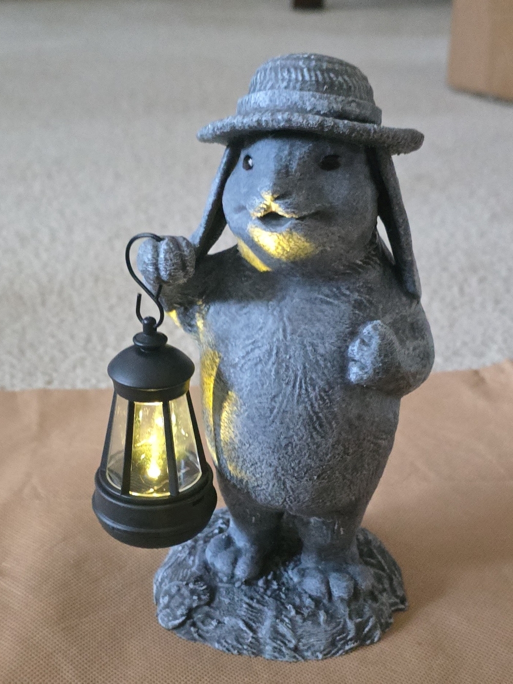Gray Rabbit Garden Statue with Lantern - Decorative Home Accent
